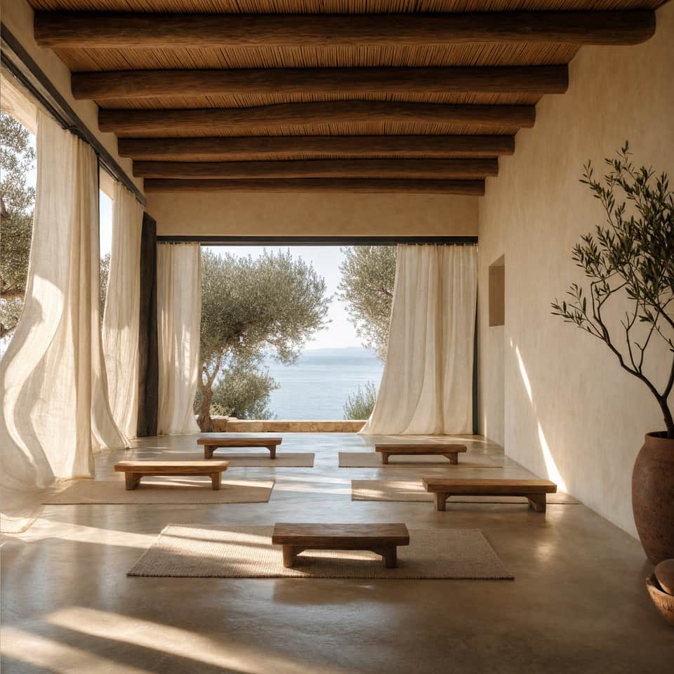 The studio, open to the sea: linen curtains, low benches, light across a bare floor.