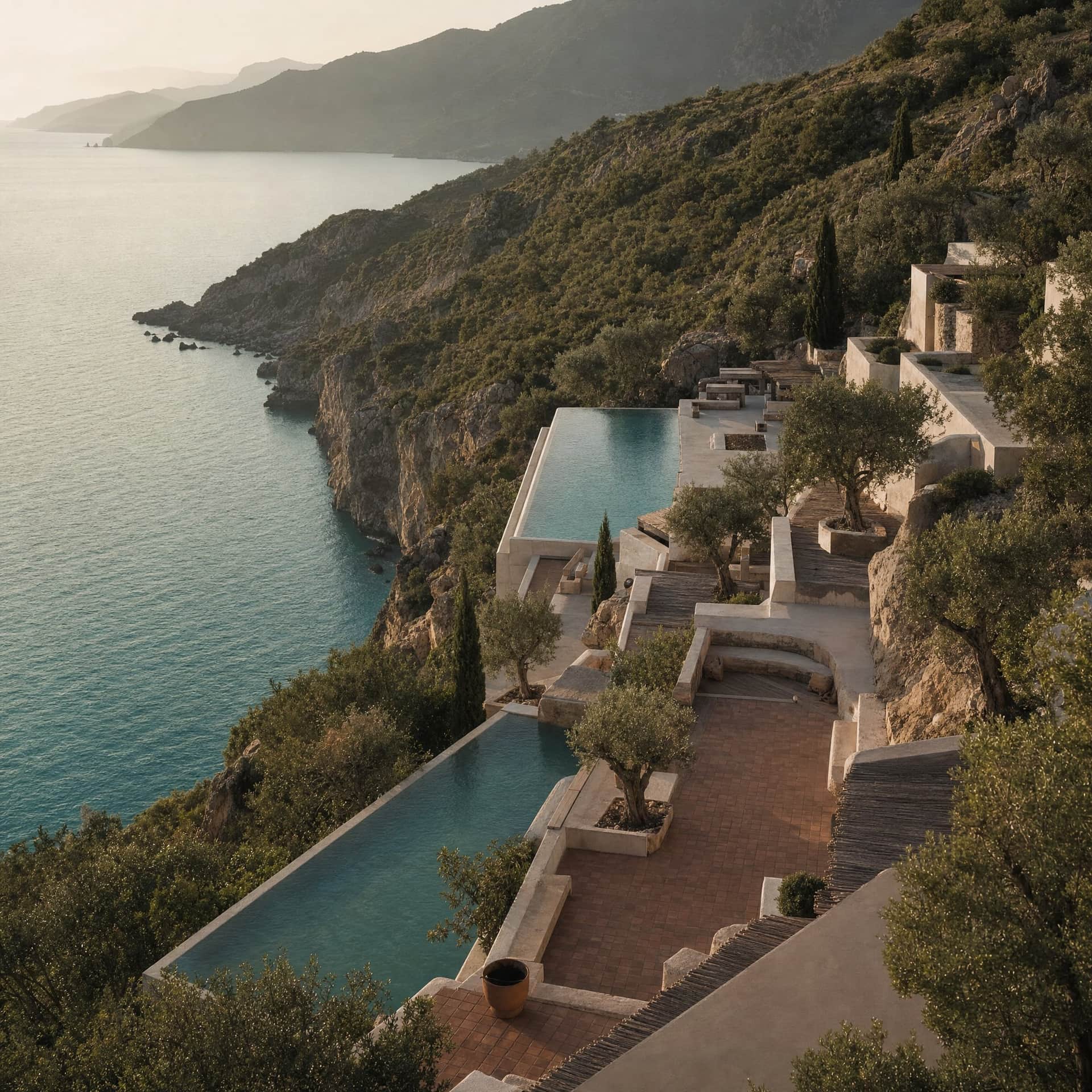 The property from above, looking south across the bay: terraced stone, infinity pools, olive and cypress.