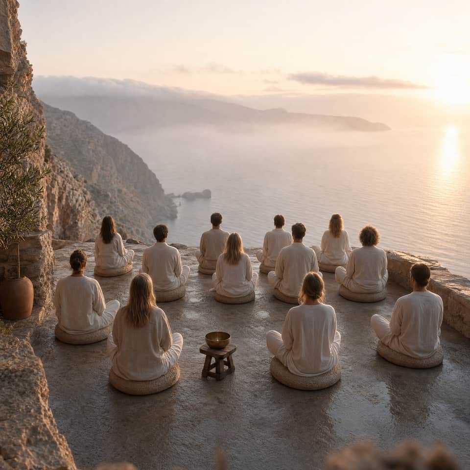 Sunrise breathwork on the cliff platform, a group seated in white linen above the bay.