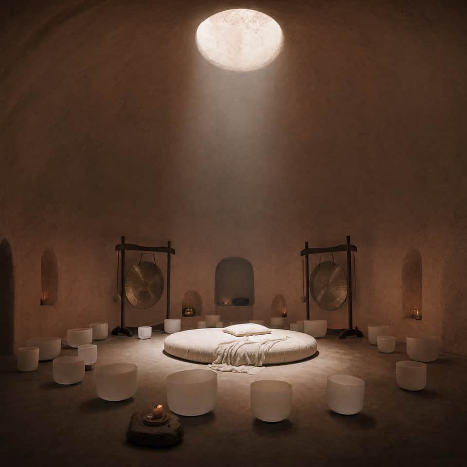 The Sound Dome — a vaulted earthen chamber lit by a single circle of sky, gongs and crystal bowls below.