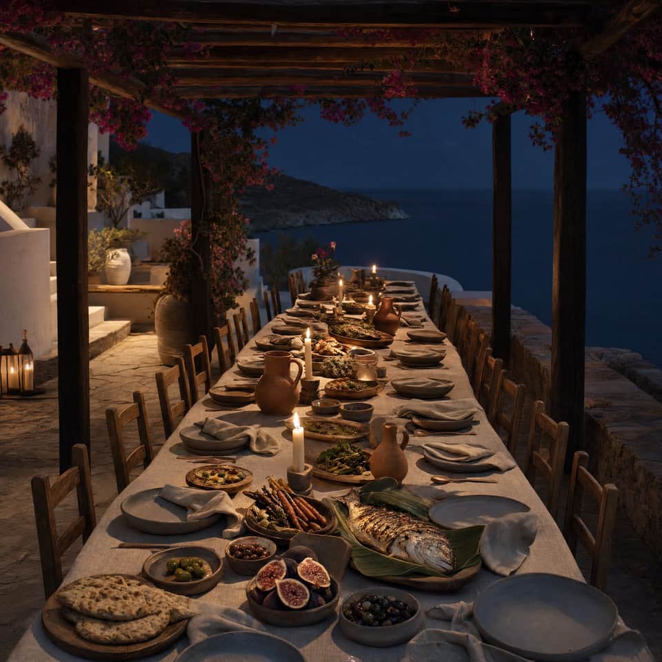 The long communal table at night, under a bougainvillea pergola lit by candles.