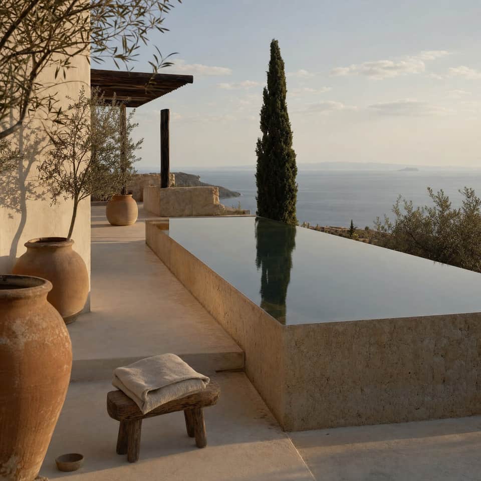 The cliff pool at golden hour: sun-warmed stone, sea-fed water, a single cypress and terracotta urns.