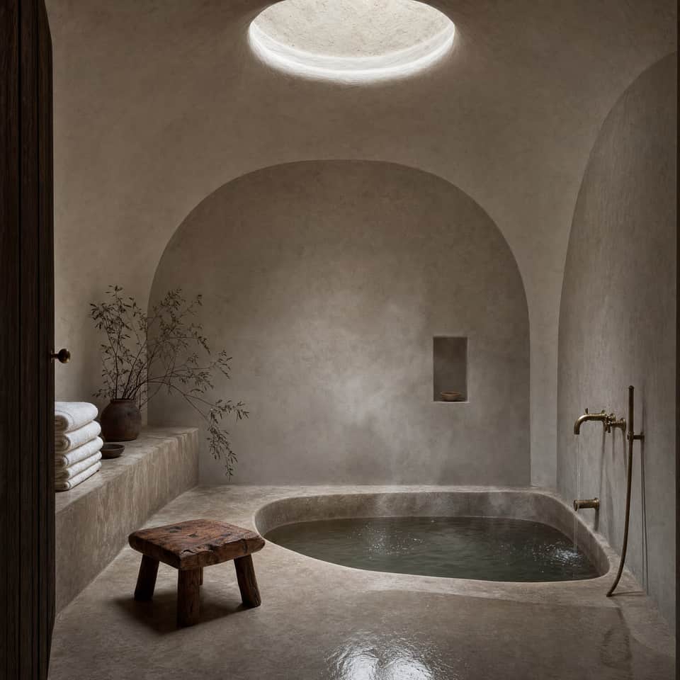 The reinterpreted hammam: a stone tub beneath an oculus skylight, brass fixtures, warm light.
