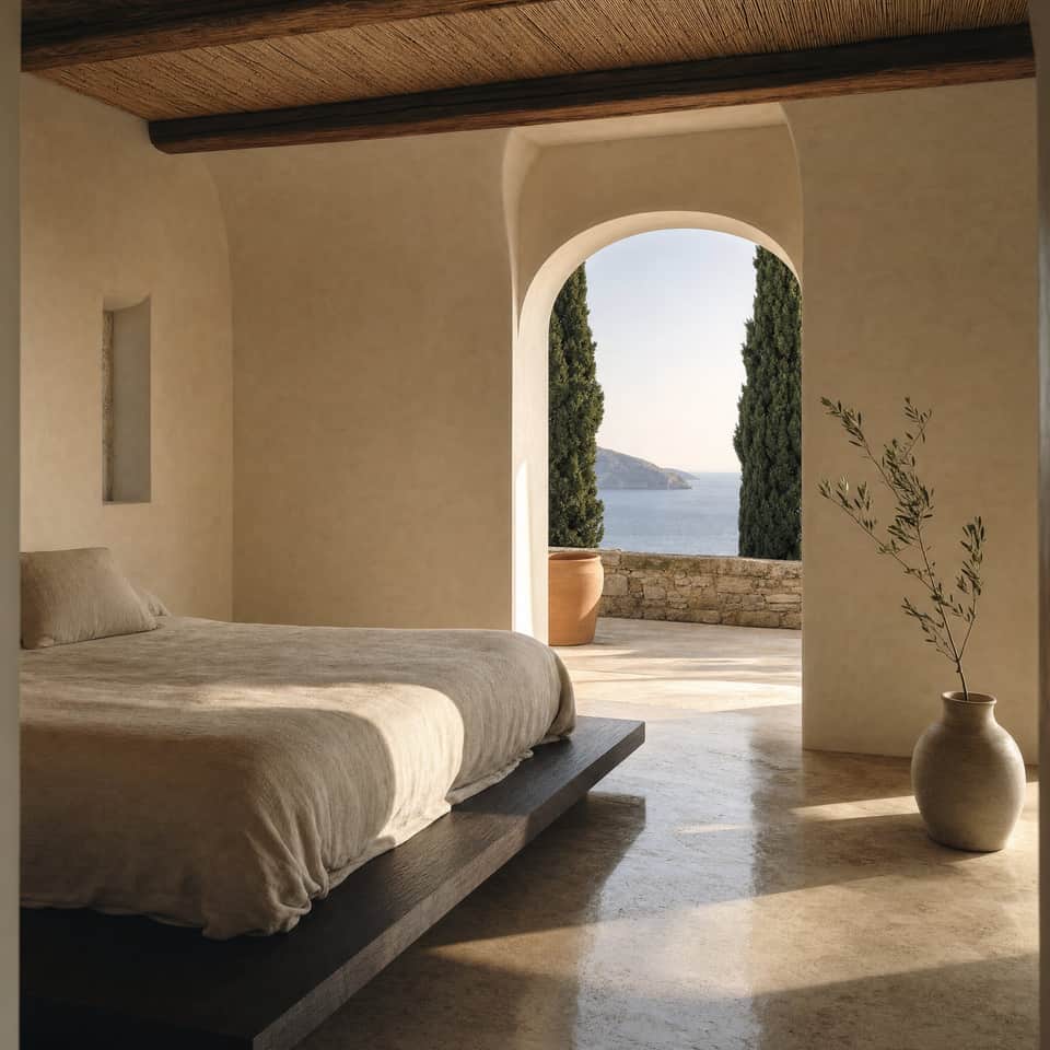 A suite: limewashed walls, an arched doorway to the sea, a linen bed and little else.